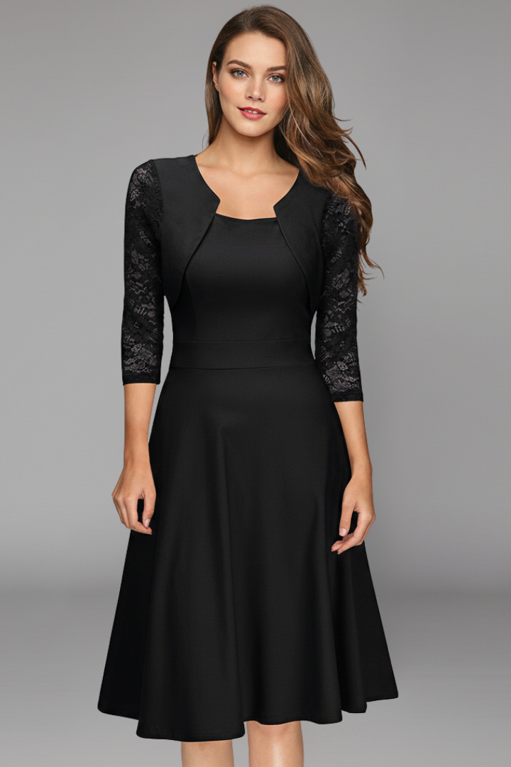 Women’s Midi Dress with Round Neckline and Lace Sleeves