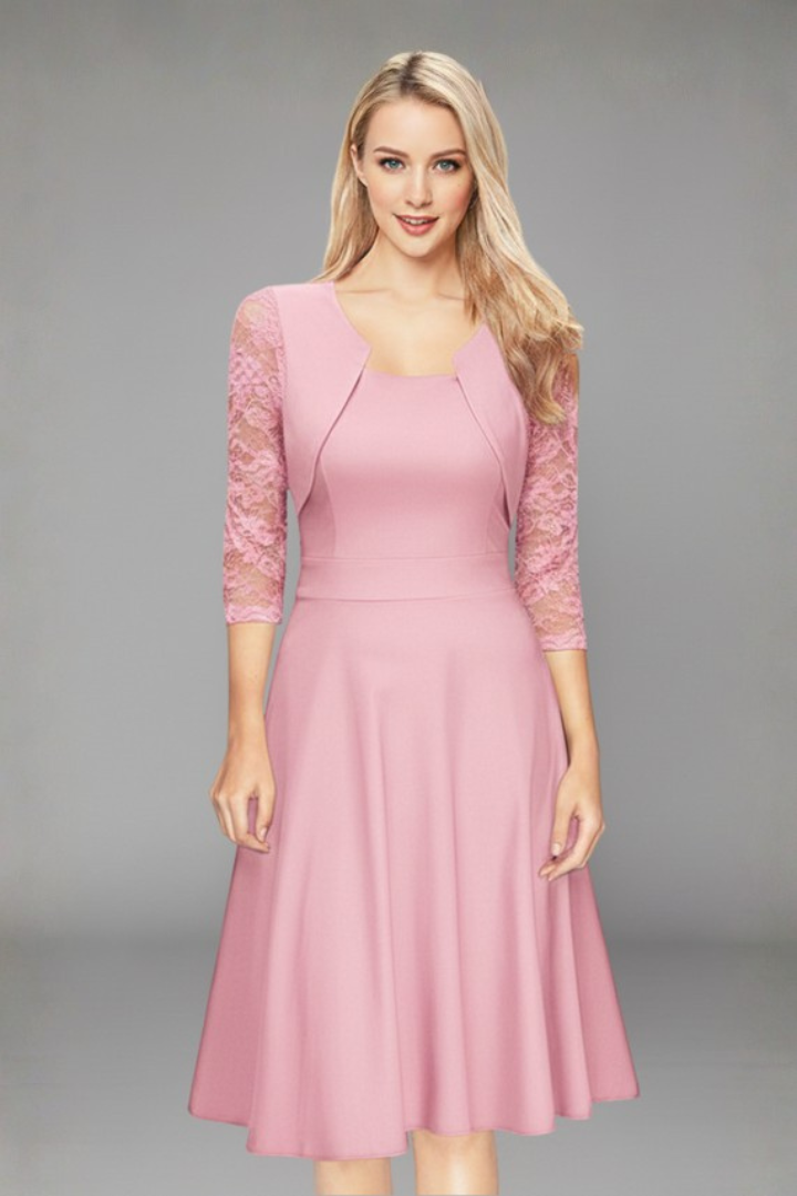 Women’s Midi Dress with Round Neckline and Lace Sleeves