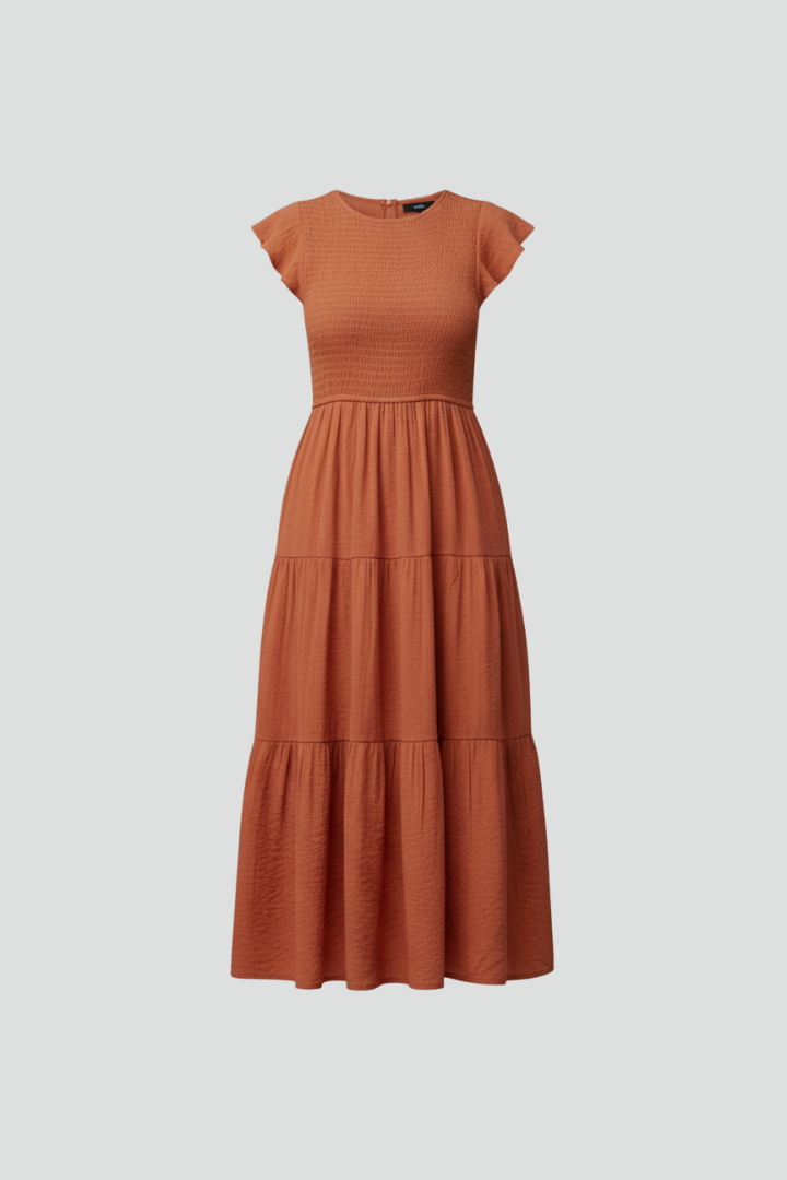 Women’s Midi Dress with Round Neckline and Short Sleeves