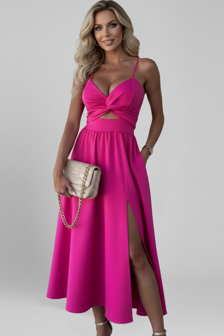 Women’s Midi Dress with Shoulder Straps and Front Slit