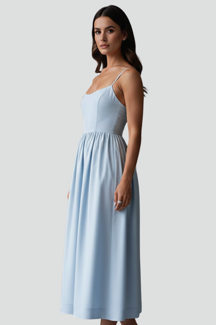 Women’s Midi Dress with Spaghetti Straps and Gathered Waist