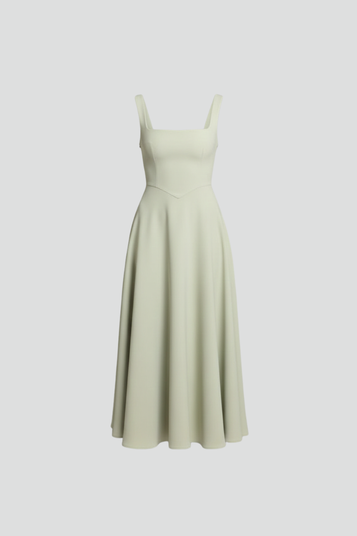 Women’s Midi Dress with Square Neckline and High Waist