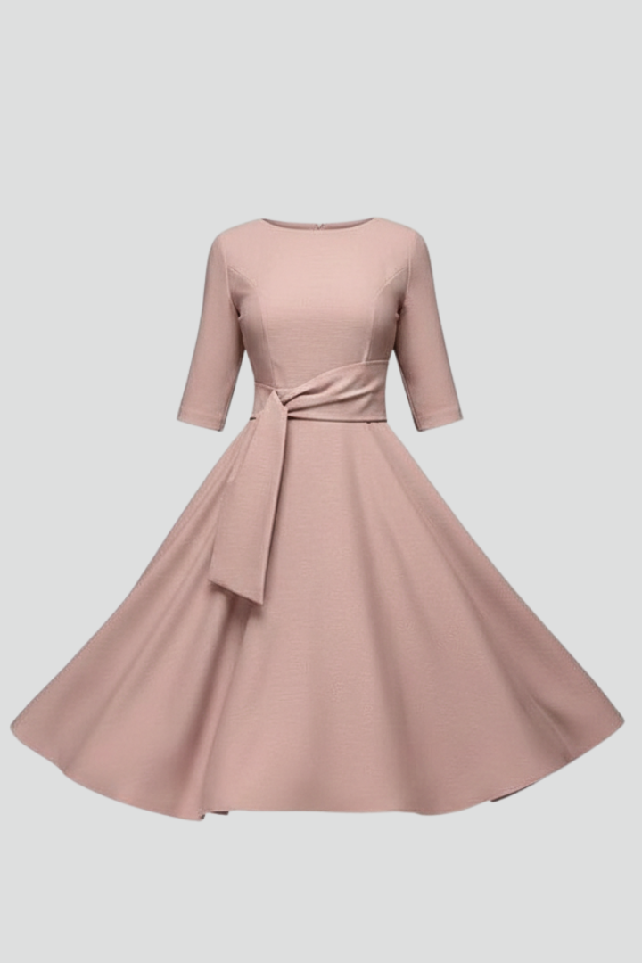 Women’s Midi Dress with Tie Waist and Three-Quarter Sleeves