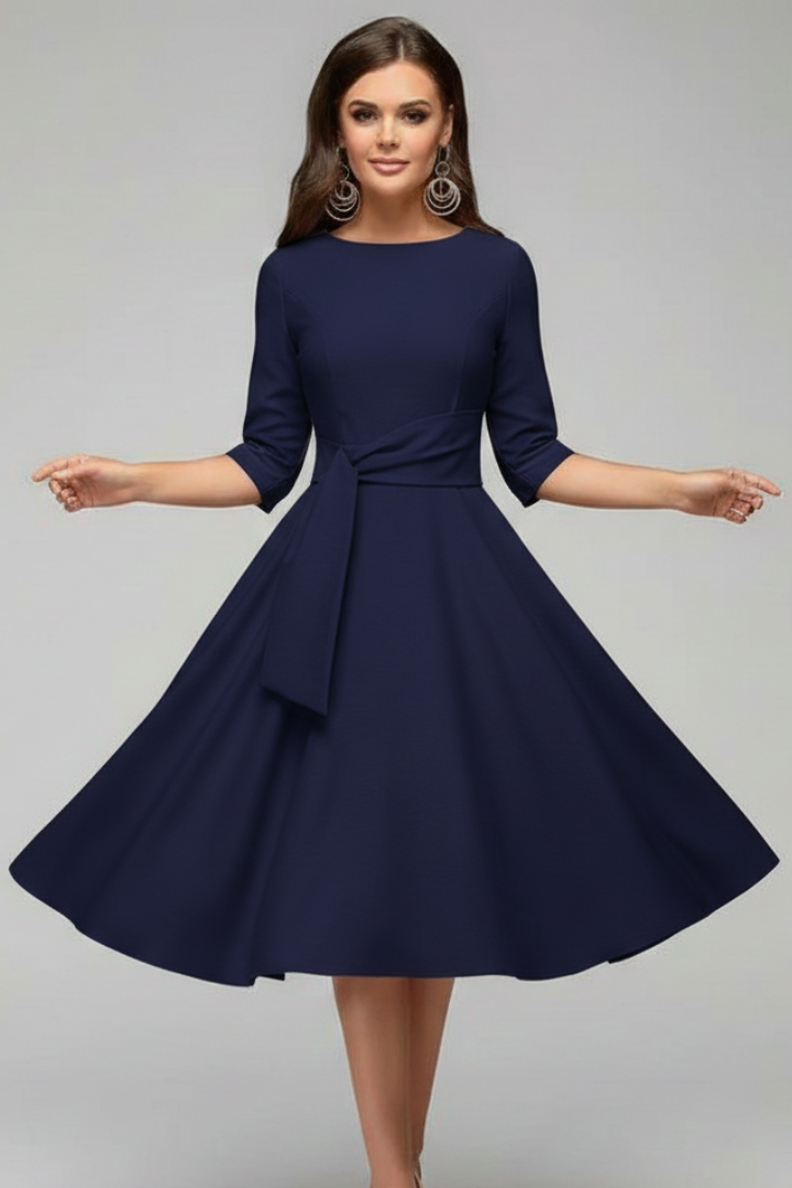 Women’s Midi Dress with Tie Waist and Three-Quarter Sleeves