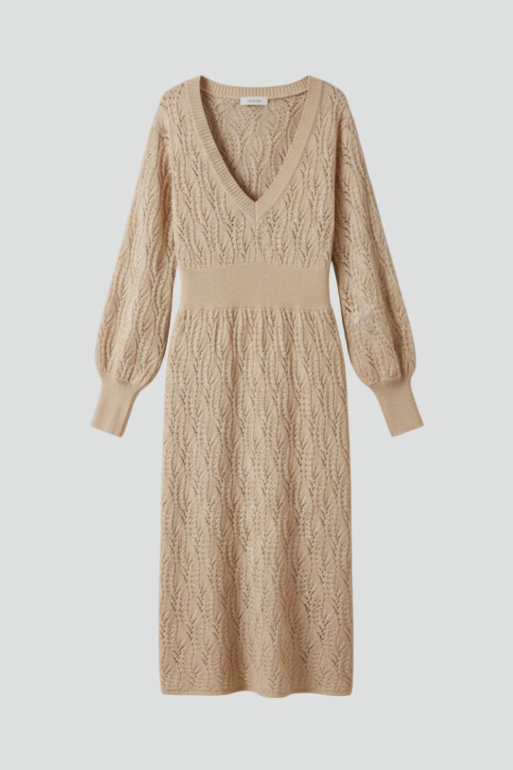 Women’s Midi Dress with V-Neck and Knit Pattern