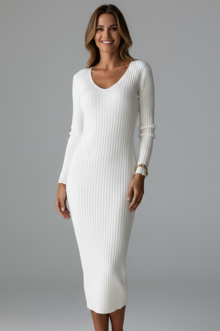 Women’s Midi Dress with V-Neck and Long Sleeves