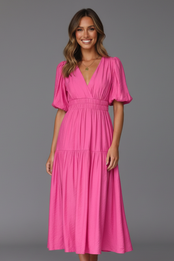 Women’s Midi Dress with V-Neck and Tiered Hem