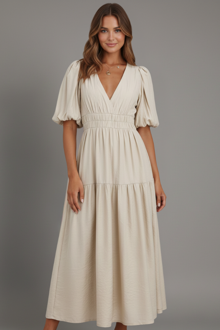 Women’s Midi Dress with V-Neck and Tiered Hem