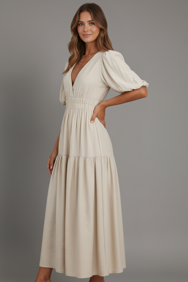 Women’s Midi Dress with V-Neck and Tiered Hem