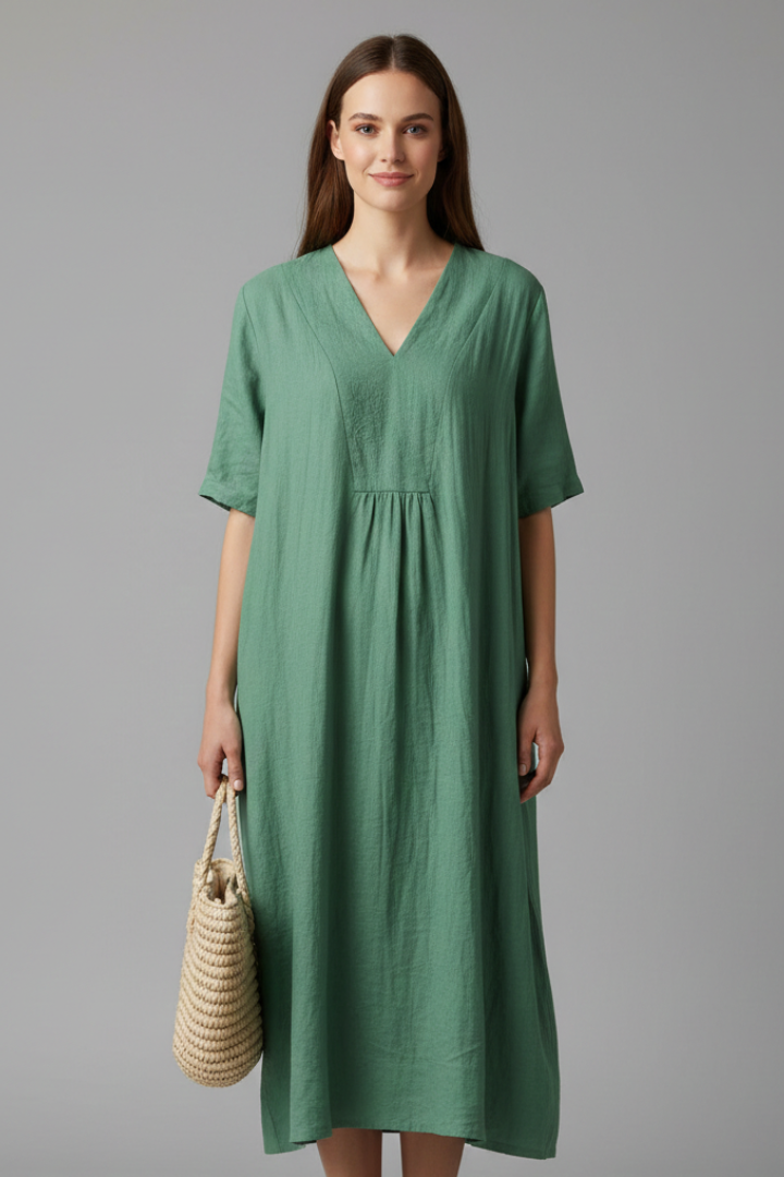 Women’s Midi Dress with V Neck and Short Sleeves