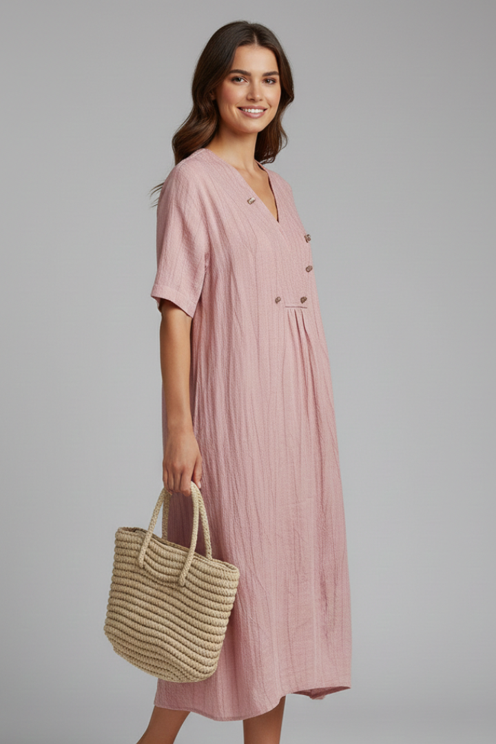 Women’s Midi Dress with V Neck and Short Sleeves