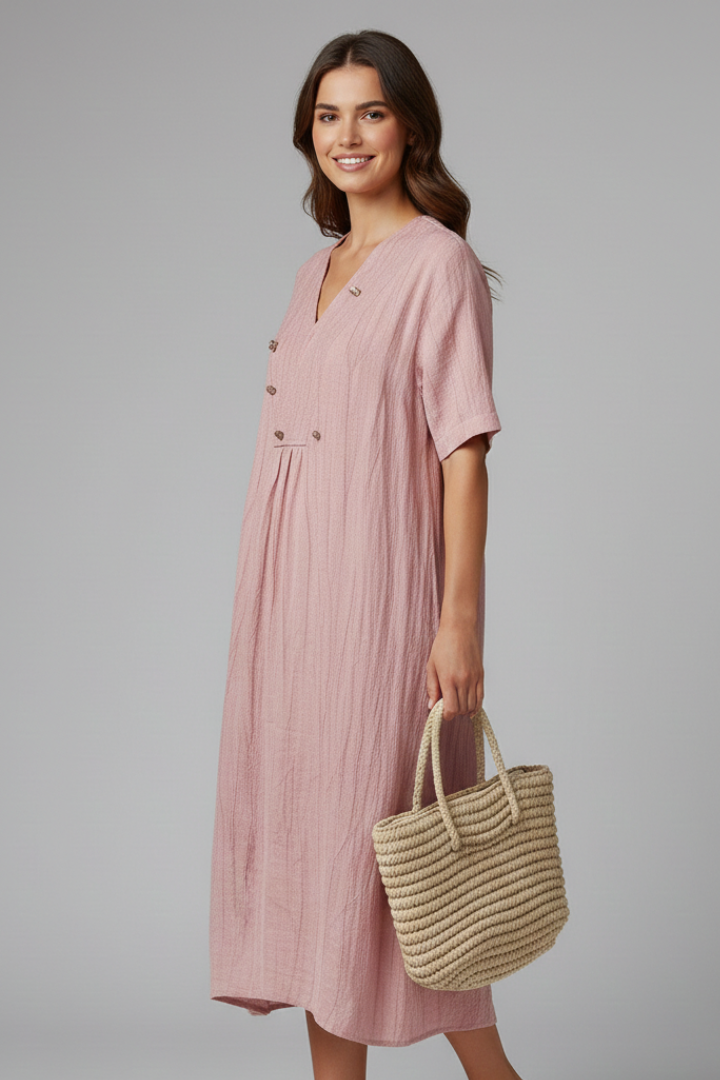 Women’s Midi Dress with V Neck and Short Sleeves