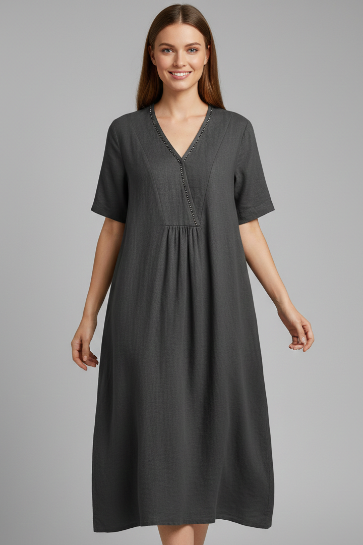 Women’s Midi Dress with V Neck and Short Sleeves