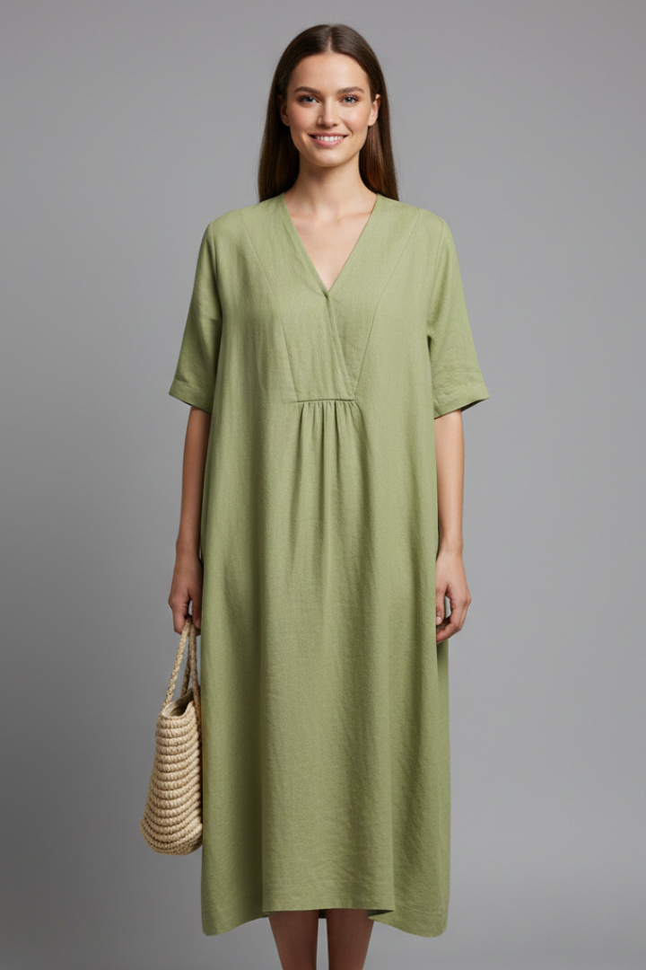 Women’s Midi Dress with V Neck and Short Sleeves