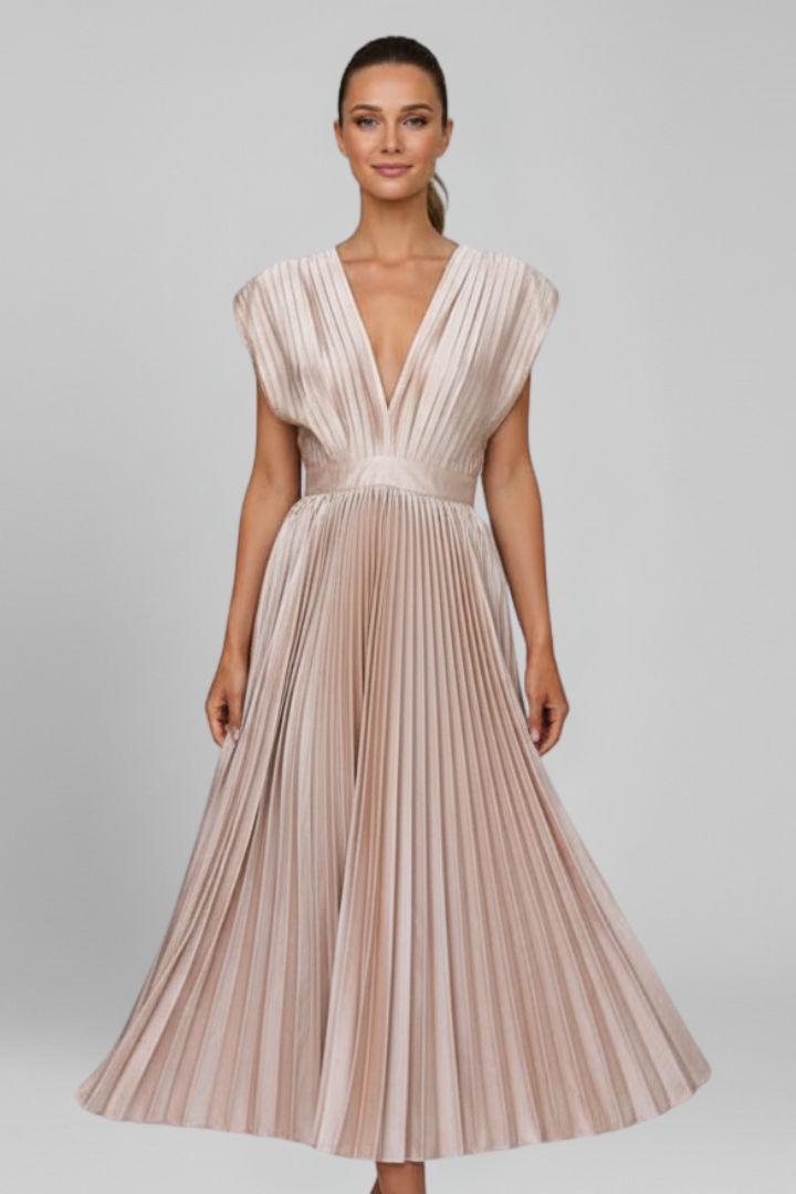 Women’s Midi Dress with V Neckline and Pleated Skirt
