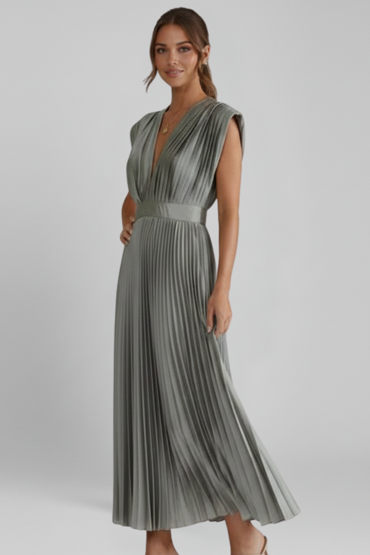 Women’s Midi Dress with V Neckline and Pleated Skirt