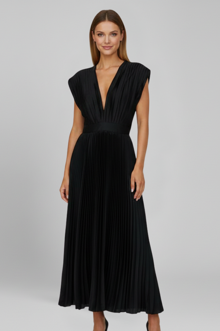 Women’s Midi Dress with V Neckline and Pleated Skirt