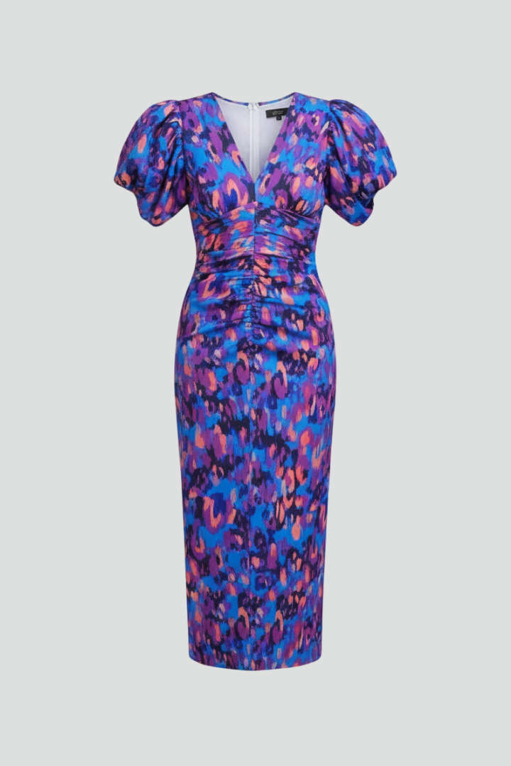 Women’s Midi Dress with V Neckline and Puff Sleeves