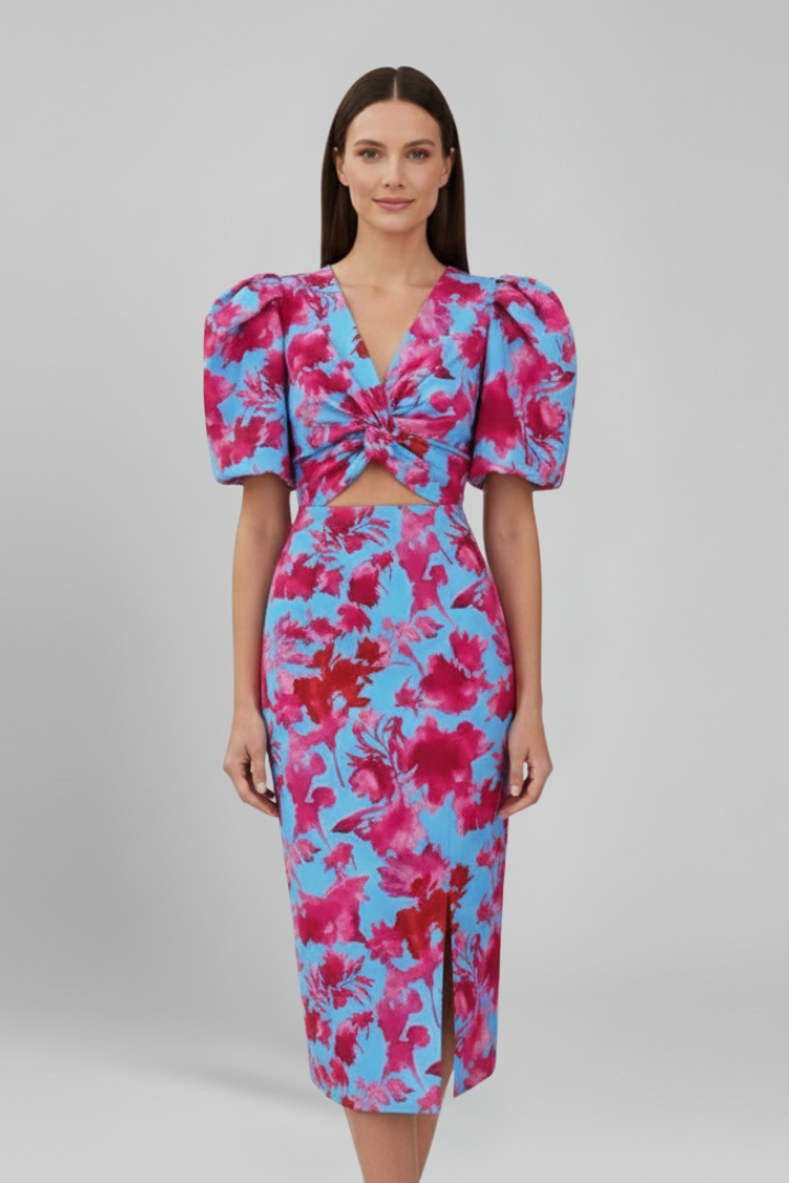 Women’s Midi Dress with V Neckline and Puff Sleeves