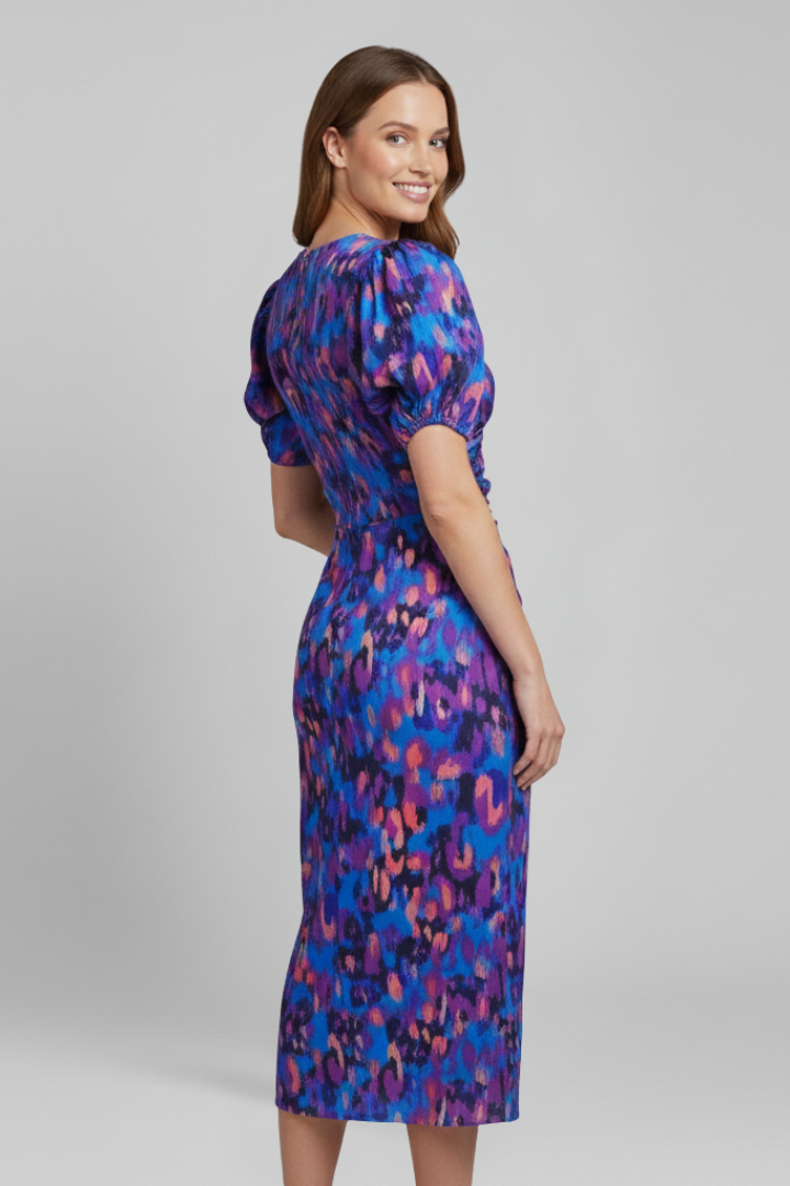 Women’s Midi Dress with V Neckline and Puff Sleeves