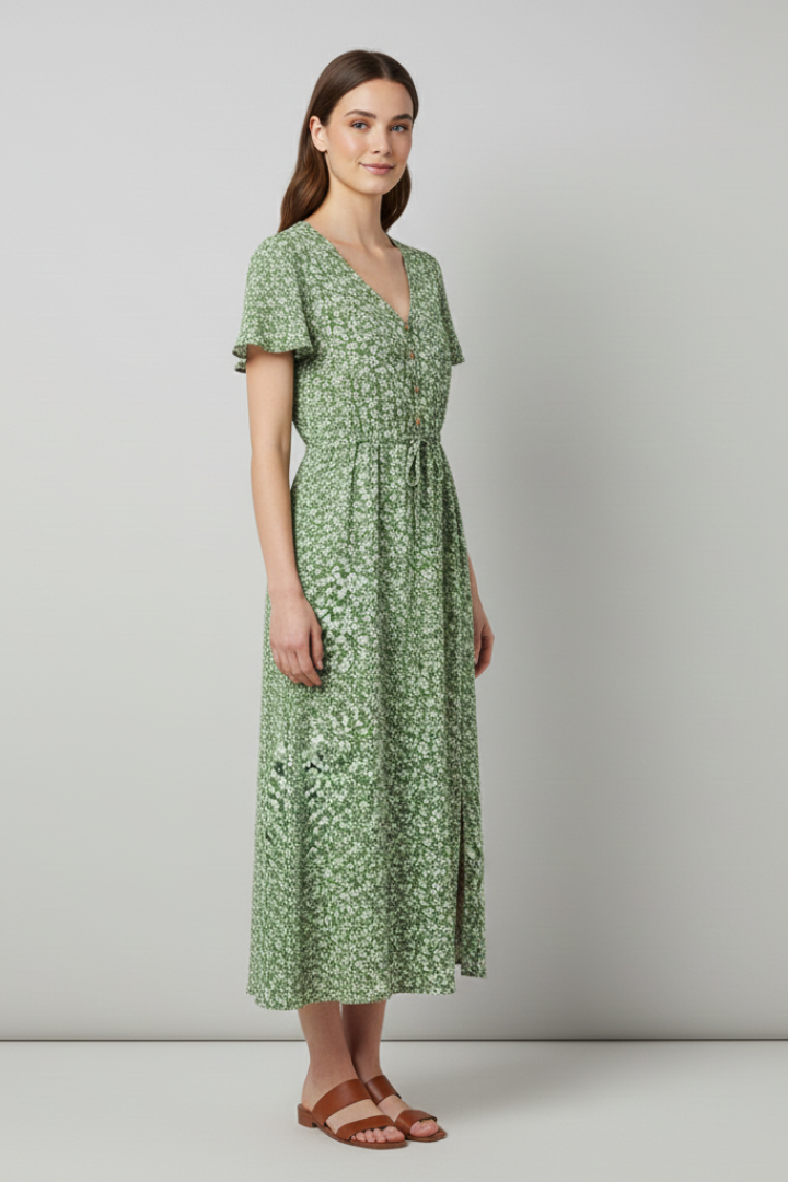 Women’s Midi Dress with V Neckline and Short Sleeves