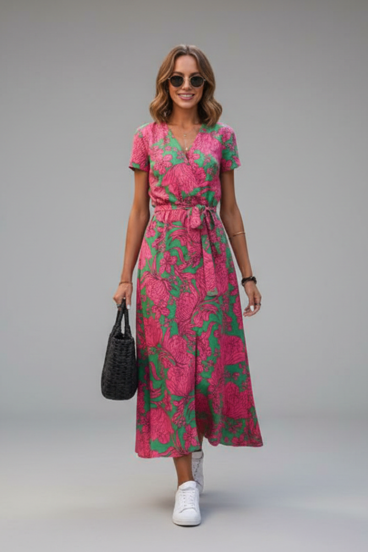Women’s Midi Dress with Wrap Front and Waist Tie