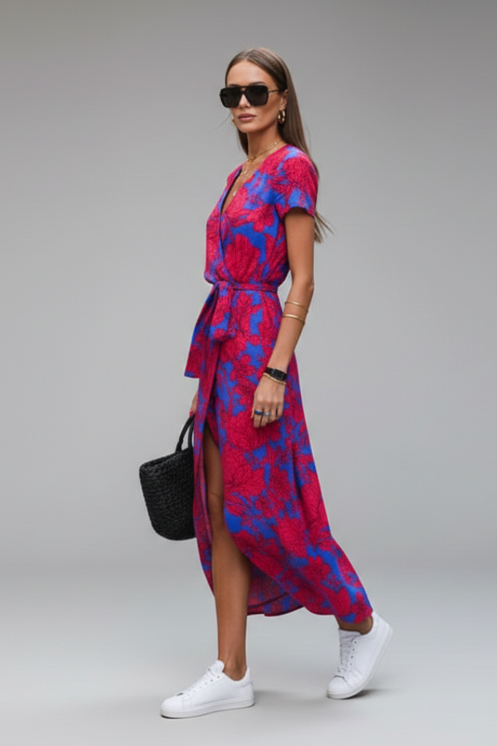 Women’s Midi Dress with Wrap Front and Waist Tie