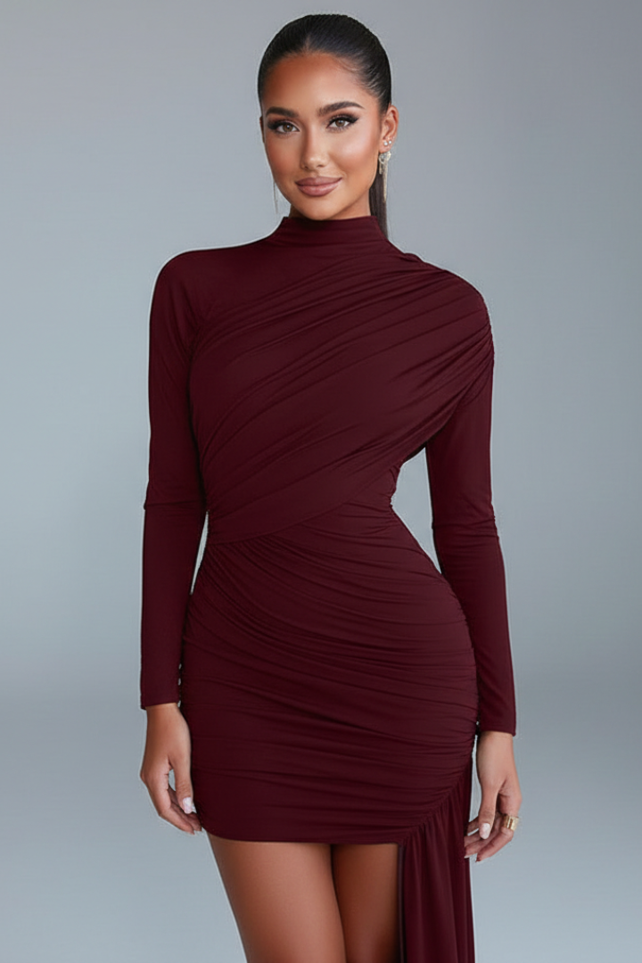 Women’s Mini Dress with High Neck and Asymmetric Hem