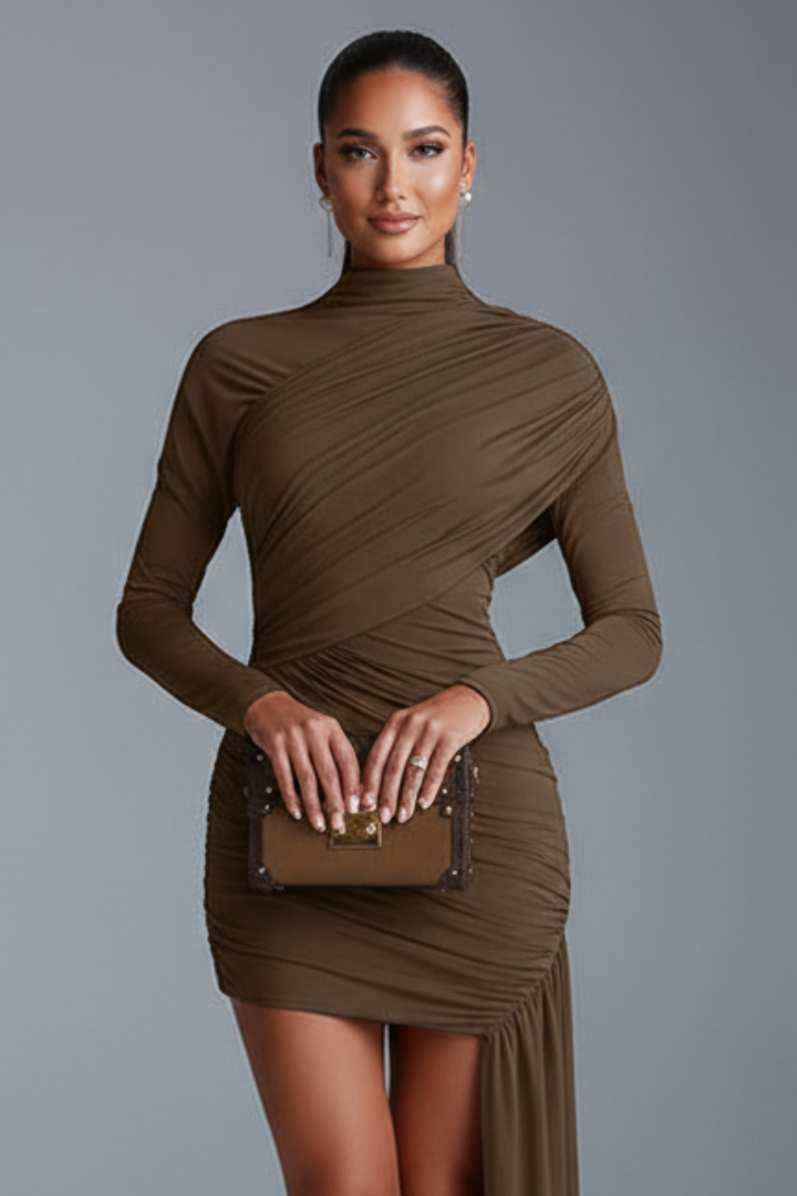 Women’s Mini Dress with High Neck and Asymmetric Hem