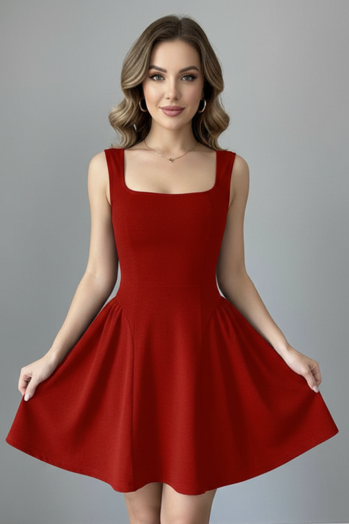 Women’s Mini Dress with Square Neck and Sleeveless Design