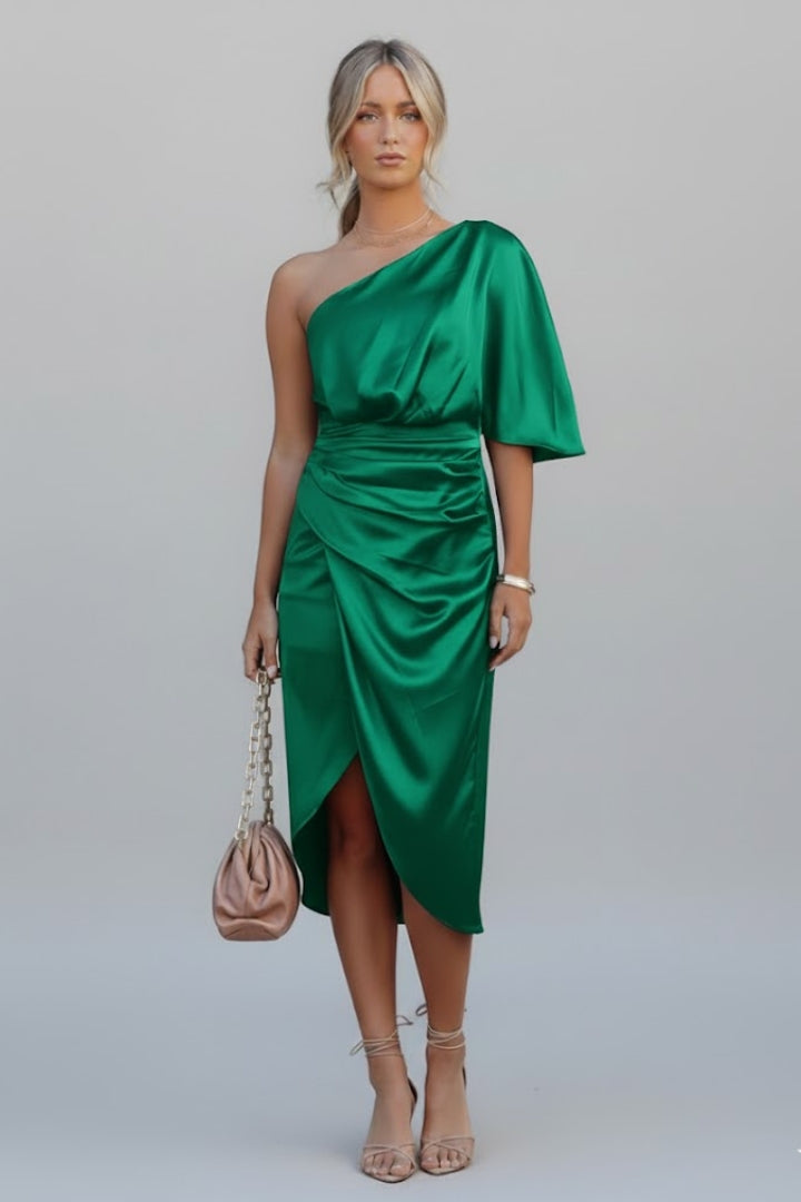 Women’s One Shoulder Midi Dress with Draped Waist