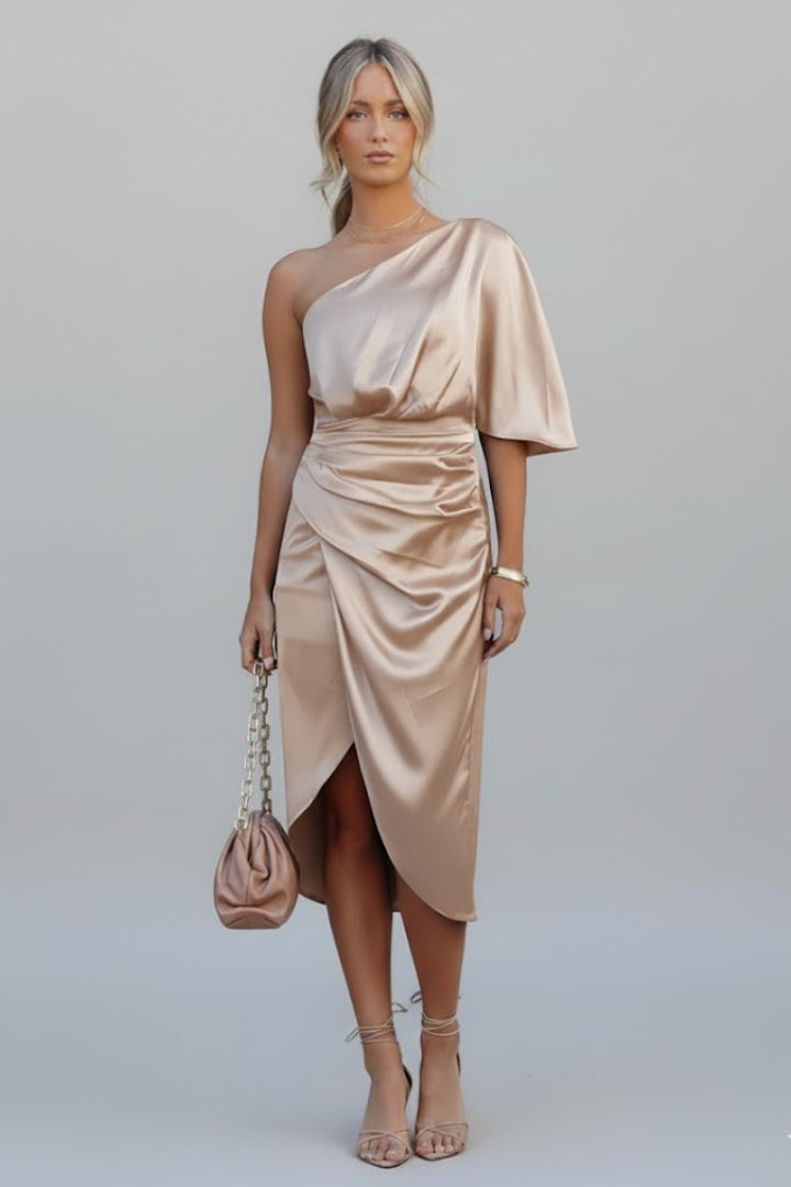 Women’s One Shoulder Midi Dress with Draped Waist