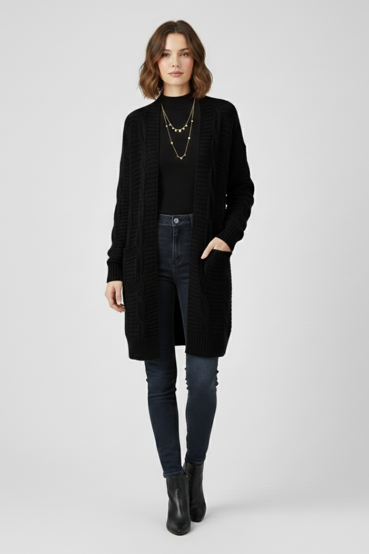 Women’s Open-Front Cardigan with Cable Knit and Patch Pockets