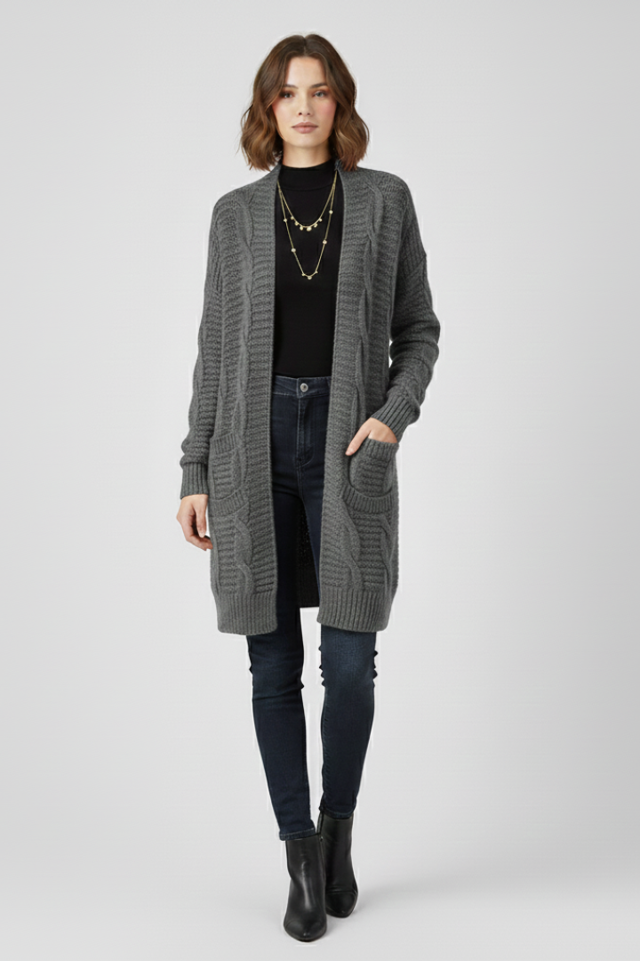 Women’s Open-Front Cardigan with Cable Knit and Patch Pockets