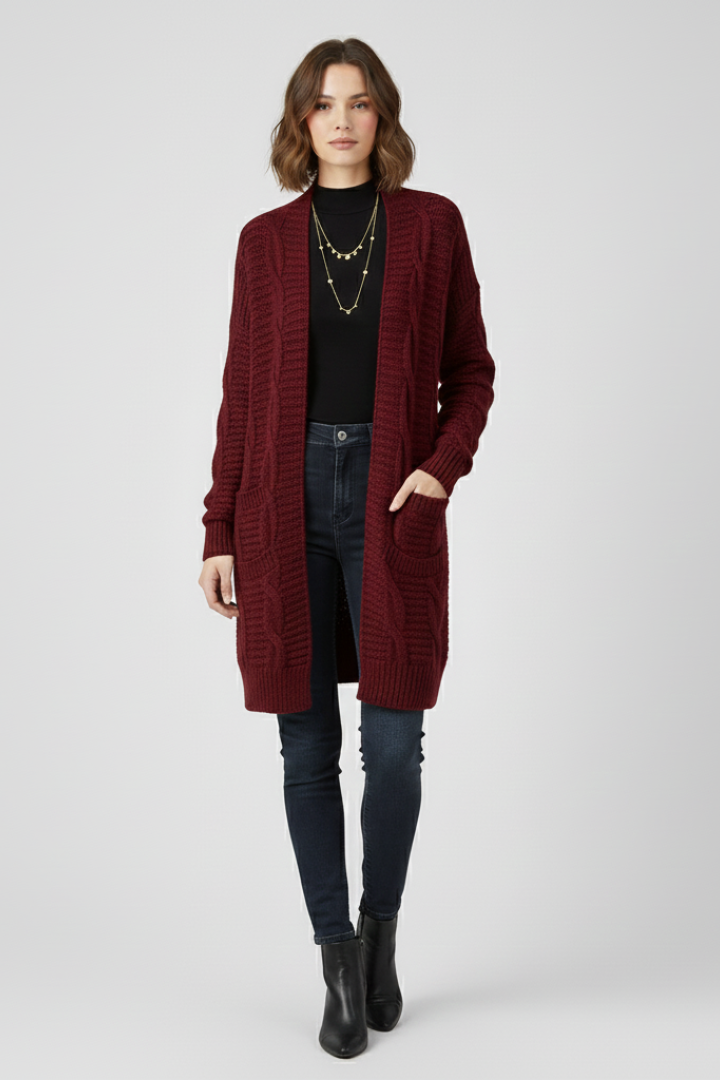 Women’s Open-Front Cardigan with Cable Knit and Patch Pockets