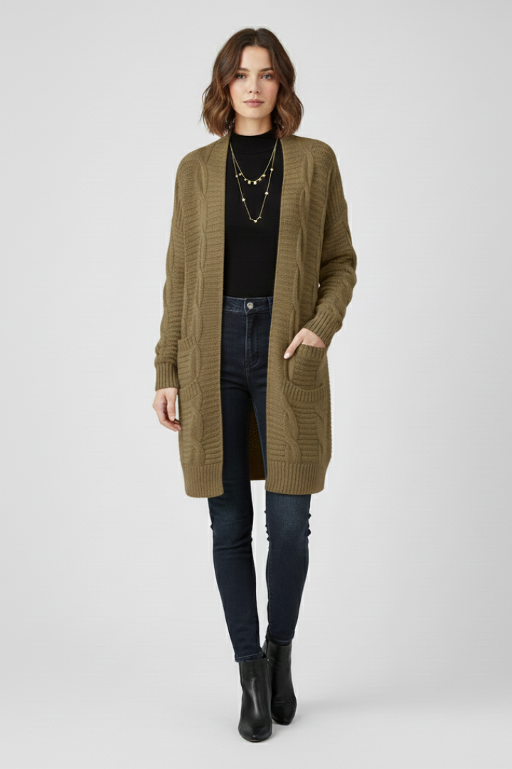 Women’s Open-Front Cardigan with Cable Knit and Patch Pockets