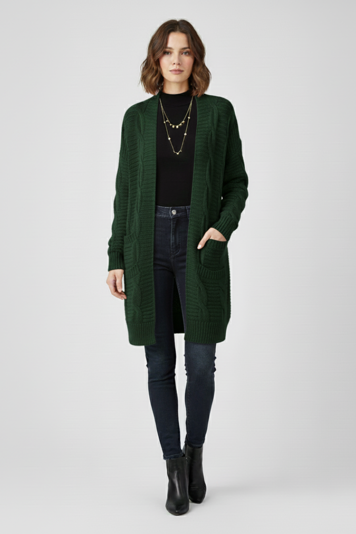 Women’s Open-Front Cardigan with Cable Knit and Patch Pockets