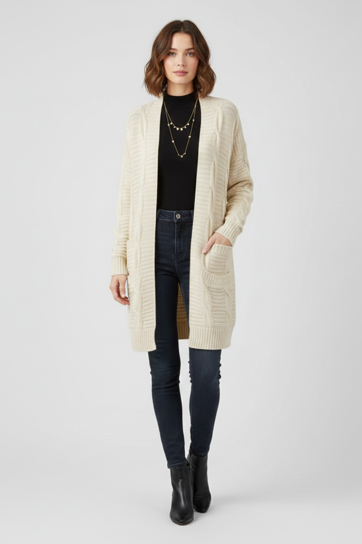 Women’s Open-Front Cardigan with Cable Knit and Patch Pockets