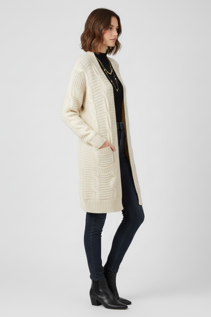 Women’s Open-Front Cardigan with Cable Knit and Patch Pockets