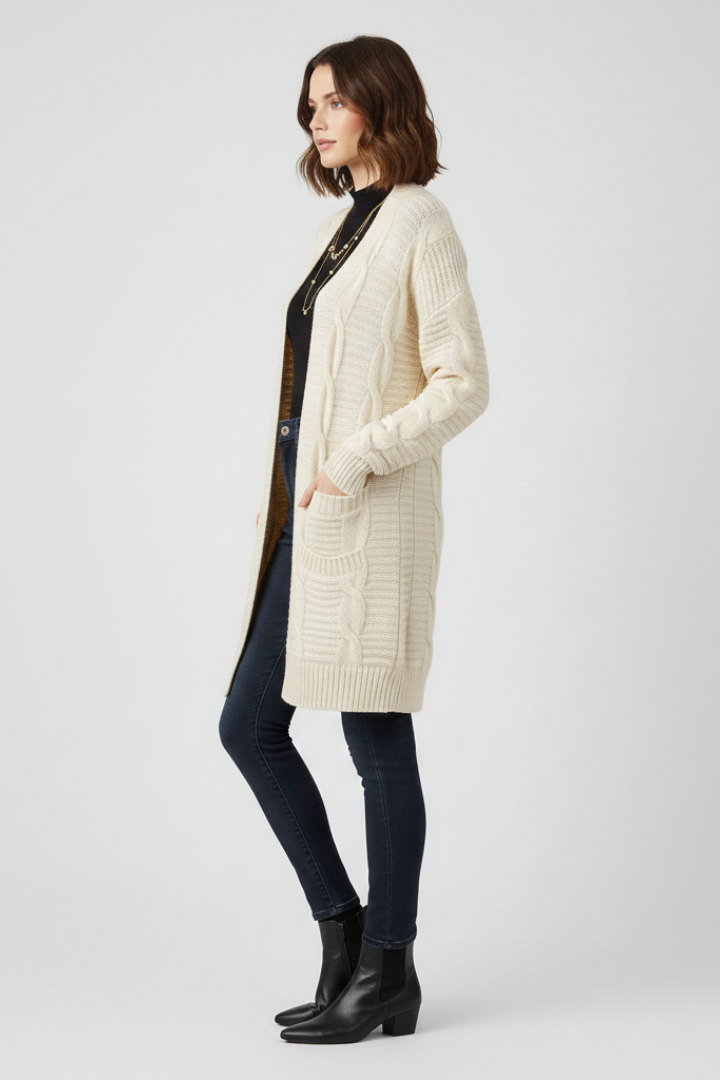 Women’s Open-Front Cardigan with Cable Knit and Patch Pockets