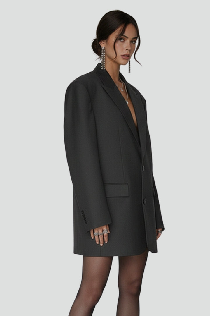 Women’s Oversized Blazer with Notched Lapel and Front Button Design