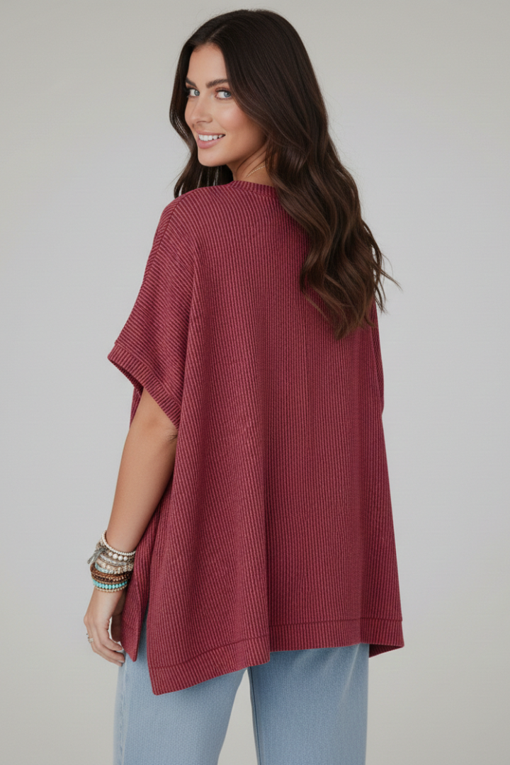 Women’s Oversized T-Shirt with Round Neckline and Ribbed Surface