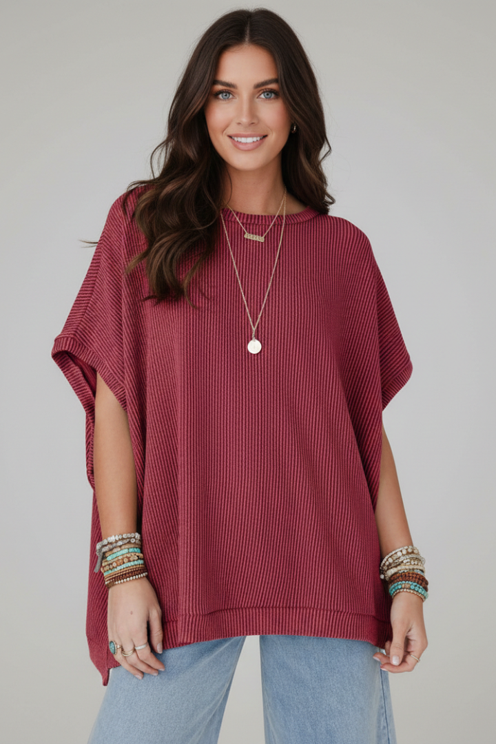 Women’s Oversized T-Shirt with Round Neckline and Ribbed Surface