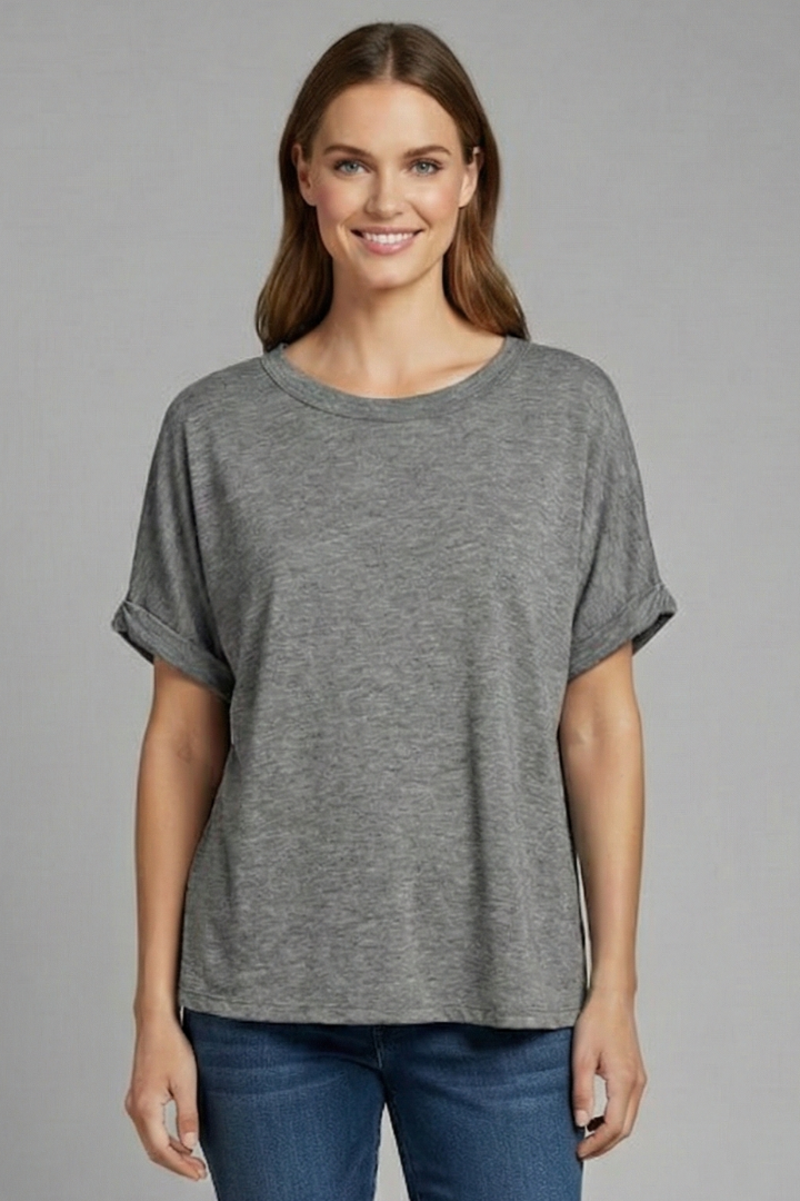 Women’s Oversized T-Shirt with Round Neckline and Rolled Sleeves