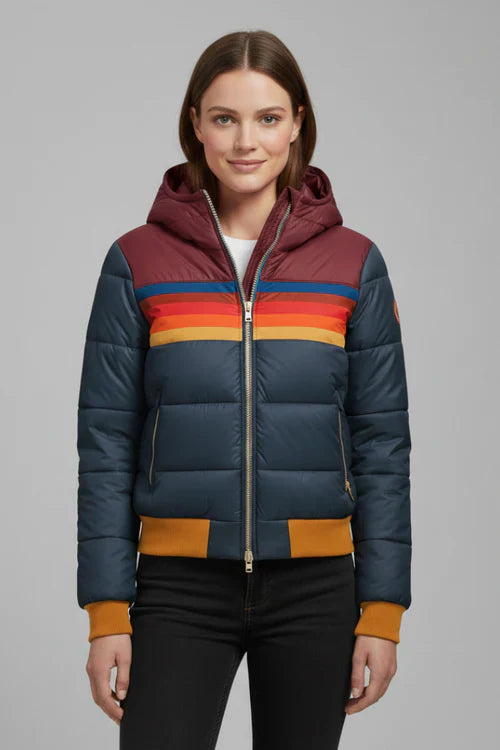 Women’s Padded Jacket with Hood and Striped Chest Area