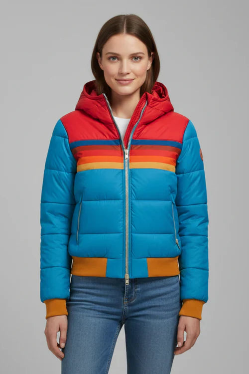 Women’s Padded Jacket with Hood and Striped Chest Area