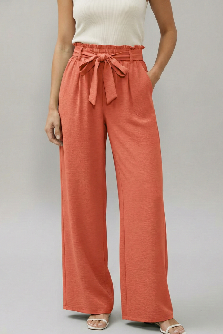 Women’s Palazzo Trousers with Elastic Waist and Tie Belt