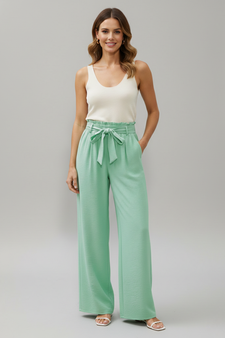 Women’s Palazzo Trousers with Elastic Waist and Tie Belt
