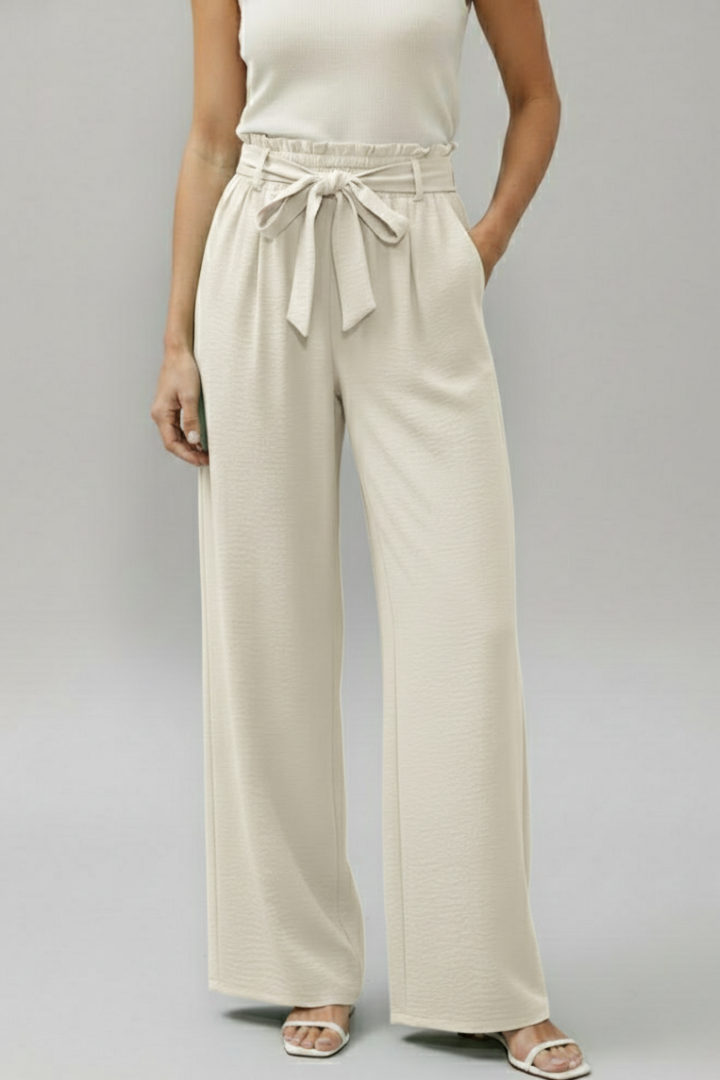Women’s Palazzo Trousers with Elastic Waist and Tie Belt