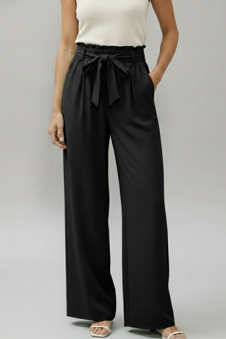 Women’s Palazzo Trousers with Elastic Waist and Tie Belt